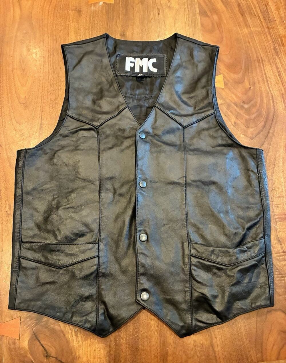 FMC‎ Leather Vest Jacket Biker Motorcycle Sleeveless Black 38 Small Gargoyle
